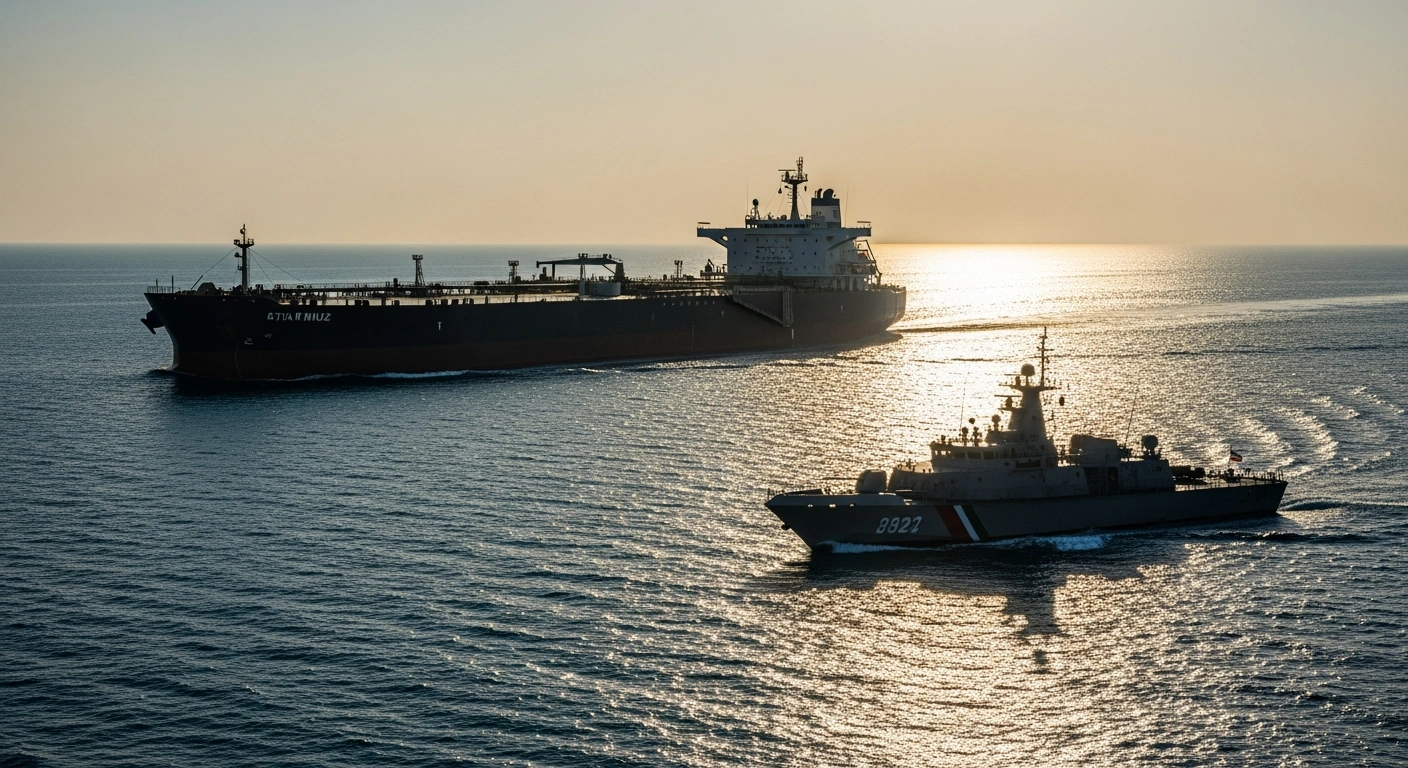 An Iranian naval patrol boat monitors a large oil tanker passing through the strategic Strait of Hormuz.