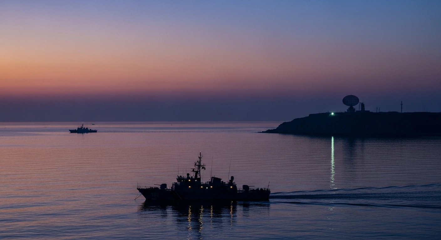 A wide, cinematic shot of the Strait of Hormuz at pre-dawn, featuring the subtle silhouette of an Iranian patrol vessel in the foreground and a distant radar dish on the coastline, symbolizing the strategic waterway amidst reports of denied military exercises and US warnings.