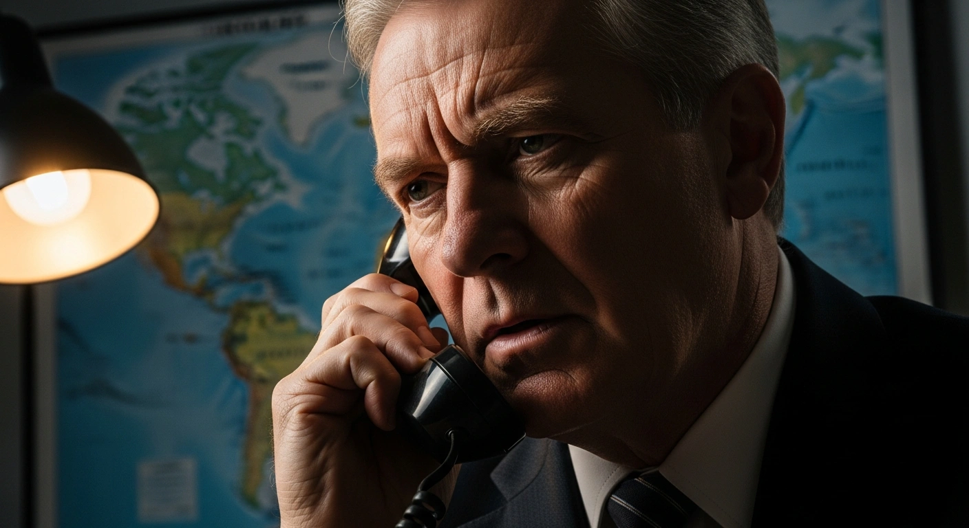 A seasoned diplomat, illuminated by dramatic chiaroscuro lighting, speaks intently into a dark telephone receiver, with a softly blurred, dimly lit world map highlighting Sudan in the background, symbolizing Iran's support for Sudan's territorial integrity.
