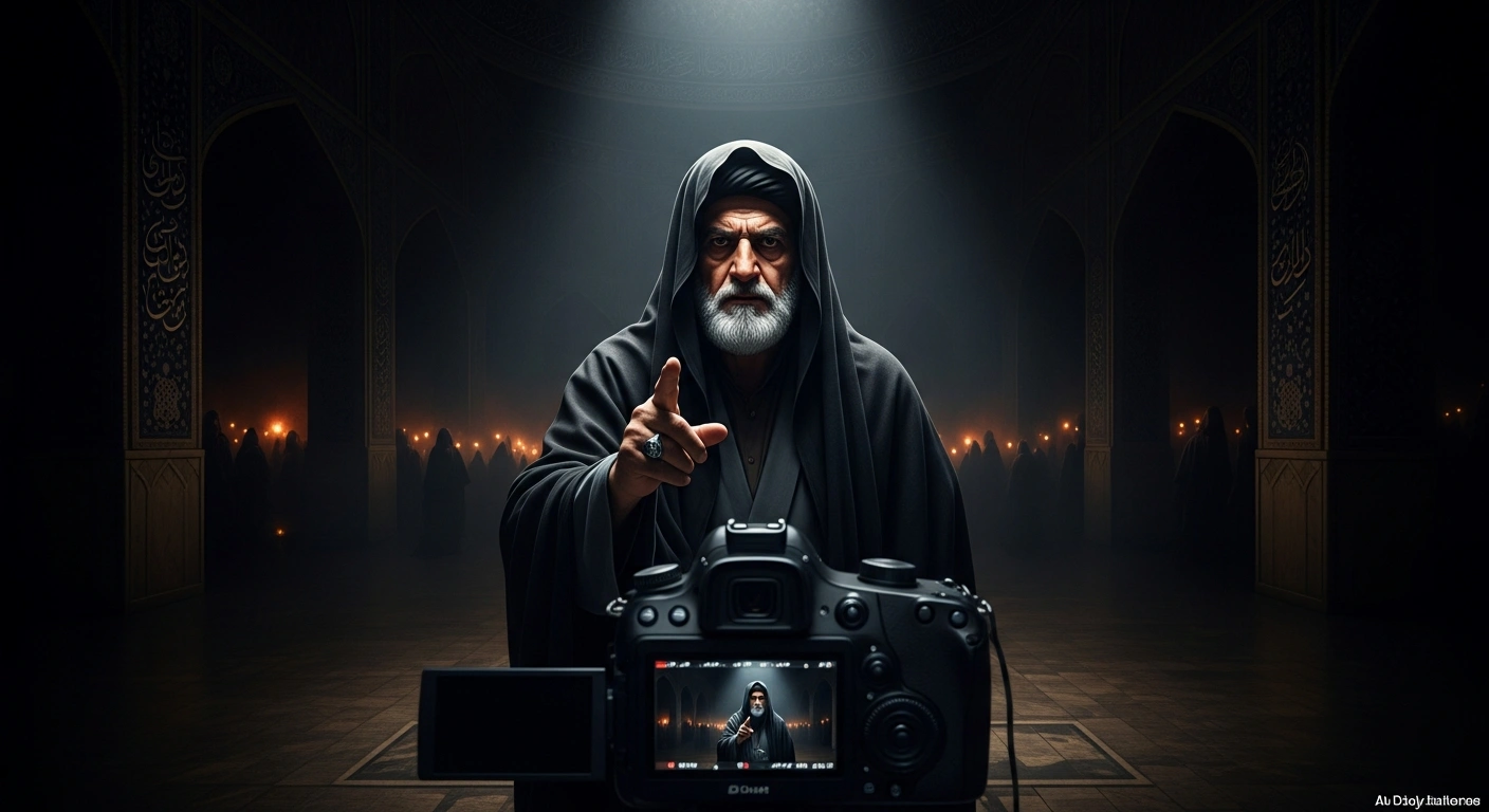 A stern, cloaked older figure, representing Iran's Supreme Leader, stands in a grand, shadowed Persian hall, illuminated by harsh light, with distant flickering urban lights hinting at unrest in the background.