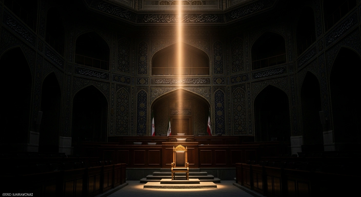 An empty ceremonial chair sits in a grand, dimly lit assembly hall in Iran, representing the constitutional transition of power for the Supreme Leader.