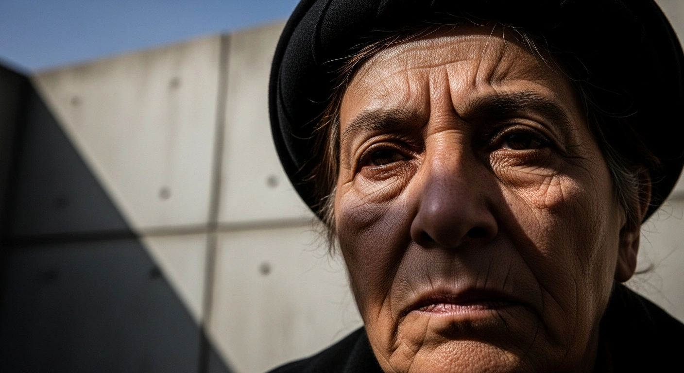 A close-up of an older, dignified Iranian teacher's face, showing weariness and defiance under harsh light, symbolizing the crackdown on educators and union members for peaceful advocacy.