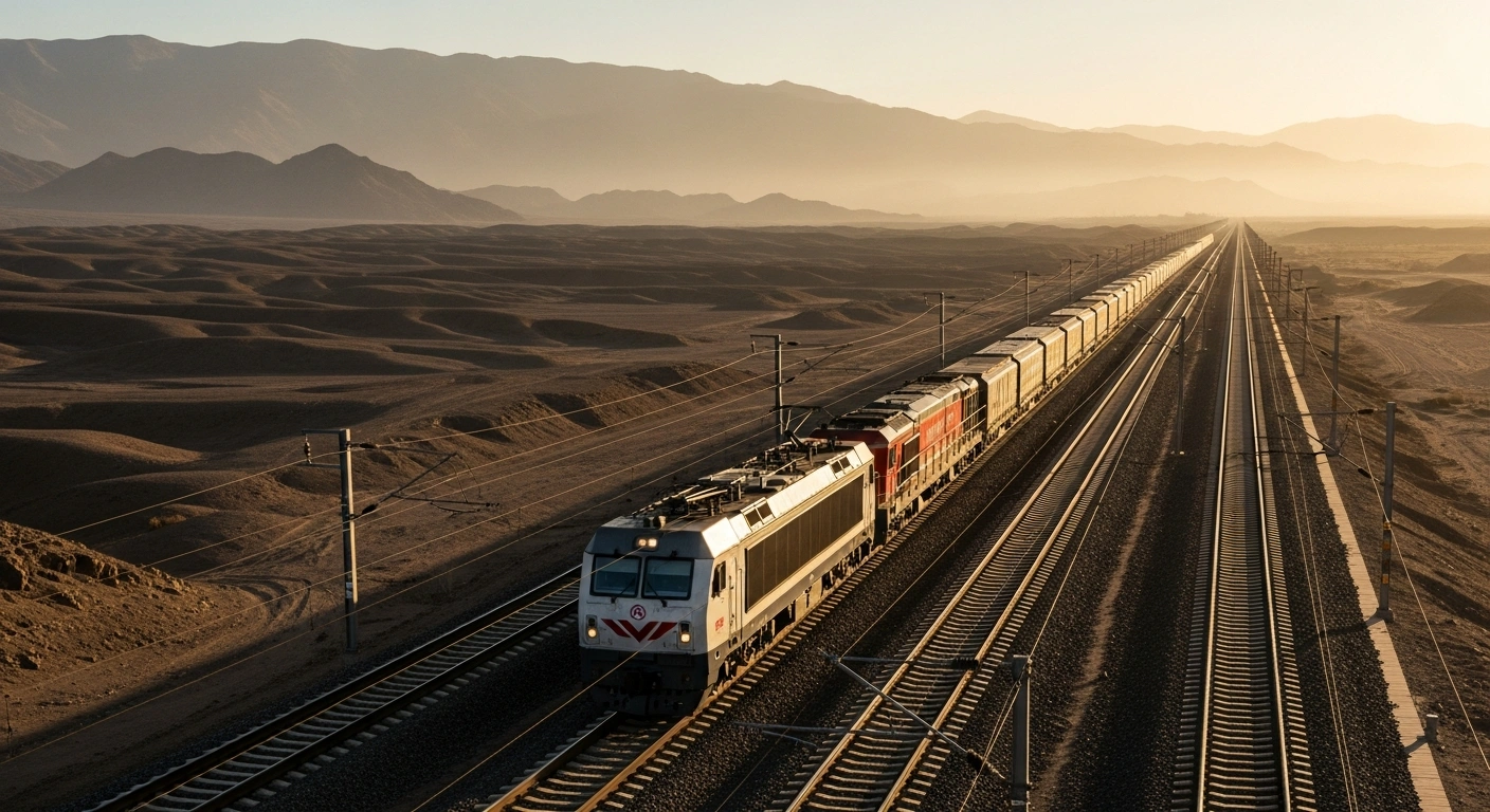 A sleek, modern cargo train, illuminated by the golden light of dawn, speeds across a desert landscape on new tracks, symbolizing the new 200-kilometer railway line agreed upon by Iran and Turkey to establish a strategic trade corridor between Asia and Europe, revitalizing the historic Silk Road.