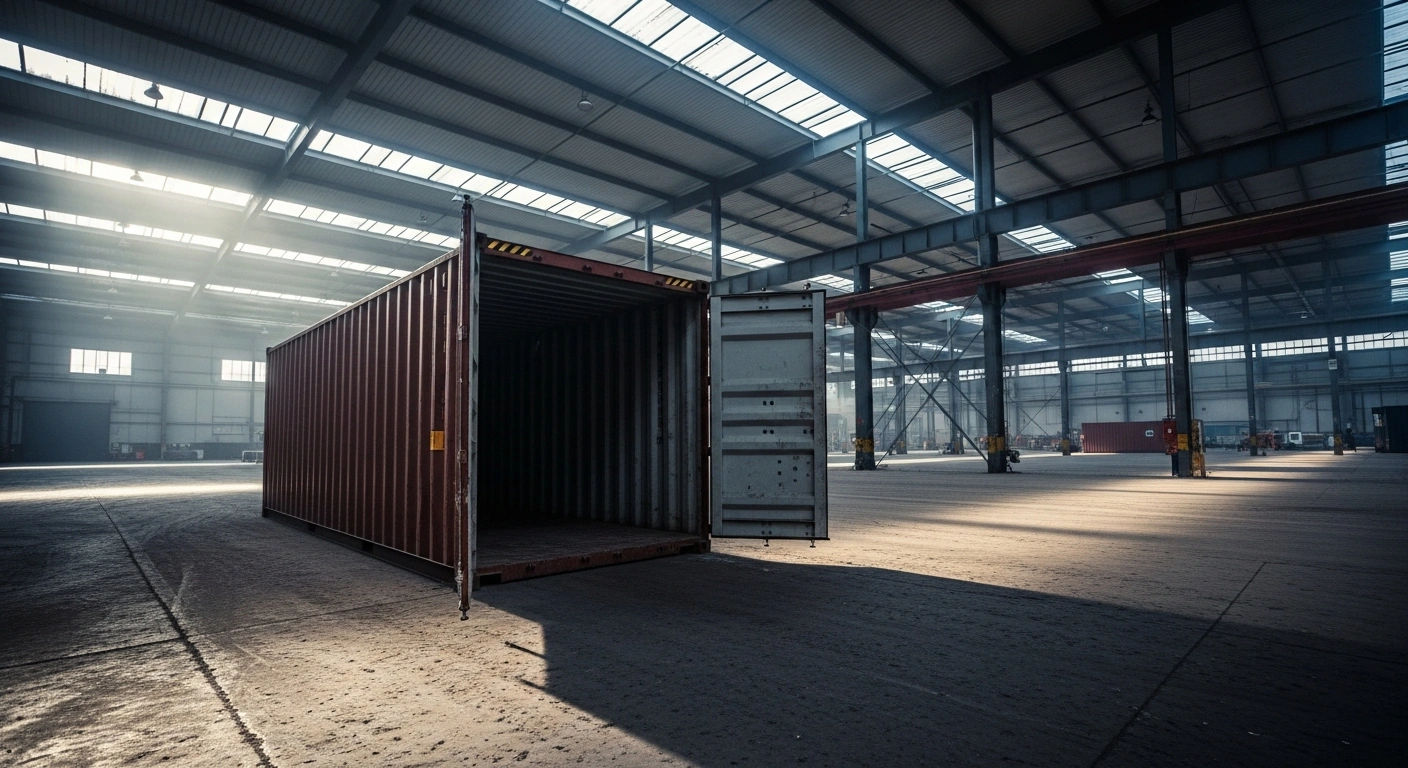 A wide shot of a partially empty industrial warehouse with a weathered, half-empty cargo container in the foreground, symbolizing the significant decline in Iran's imports from Turkmenistan amidst a policy shift towards domestic production.