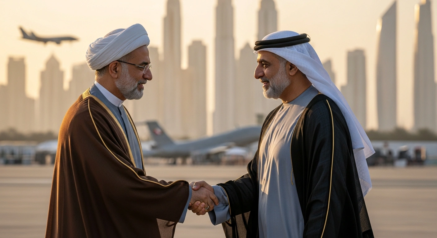 Iran's Minister of Defense, Brigadier General Aziz Nasirzadeh, is depicted shaking hands with a UAE official in Dubai, against a backdrop of the city's modern skyline and a blurred airshow aircraft, symbolizing defense diplomacy and regional cooperation.