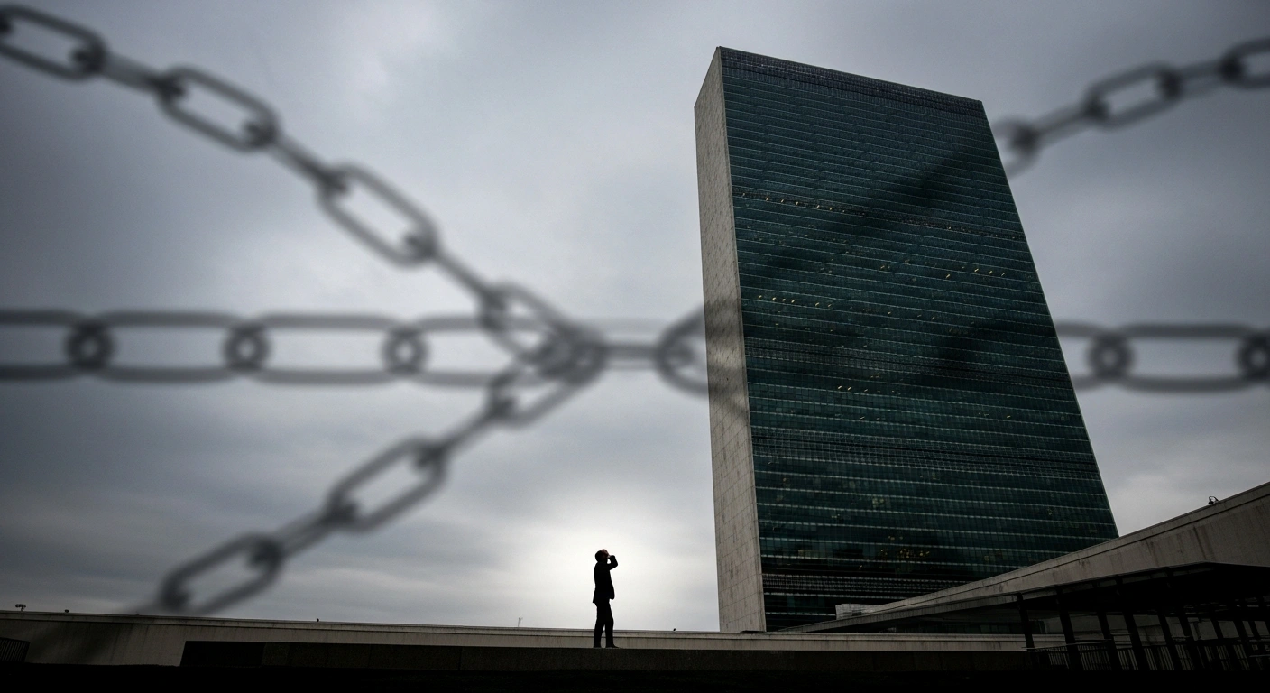 A low-angle view of the United Nations headquarters in New York under an overcast sky, with a subtle chain-link pattern in the foreground and a lone, silhouetted diplomat standing at the base, symbolizing Iran's denouncement of US restrictions on its diplomats and escalating tensions.