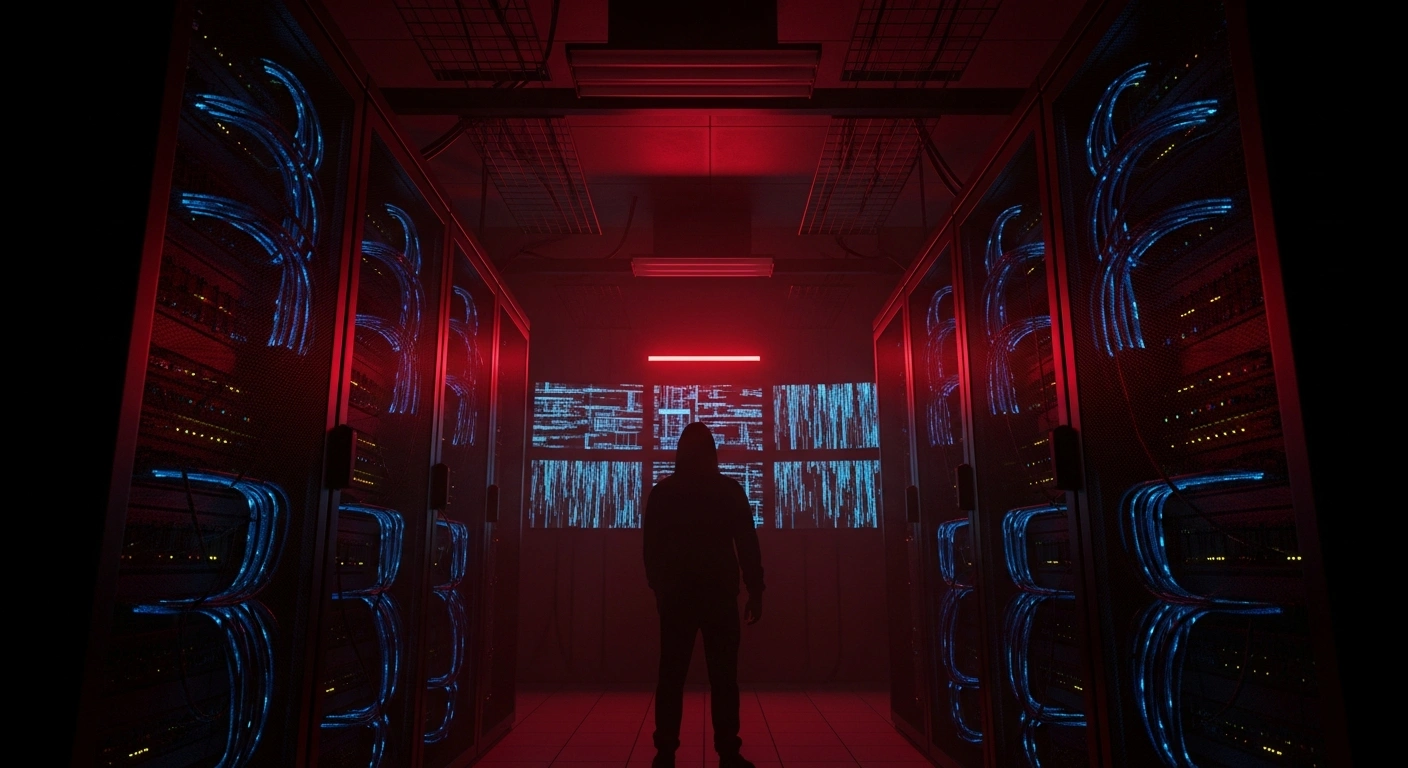 A dark server room with glowing blue cables and red lighting represents the cyberattack on Iranian university web portals by the Sarbedaran group.