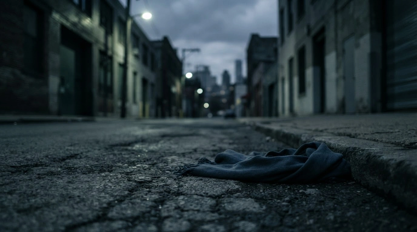 A somber scene depicting a discarded scarf on a dark city street, representing the lethal force used against protesters during the 2022 Woman, Life, Freedom uprising in Iran.
