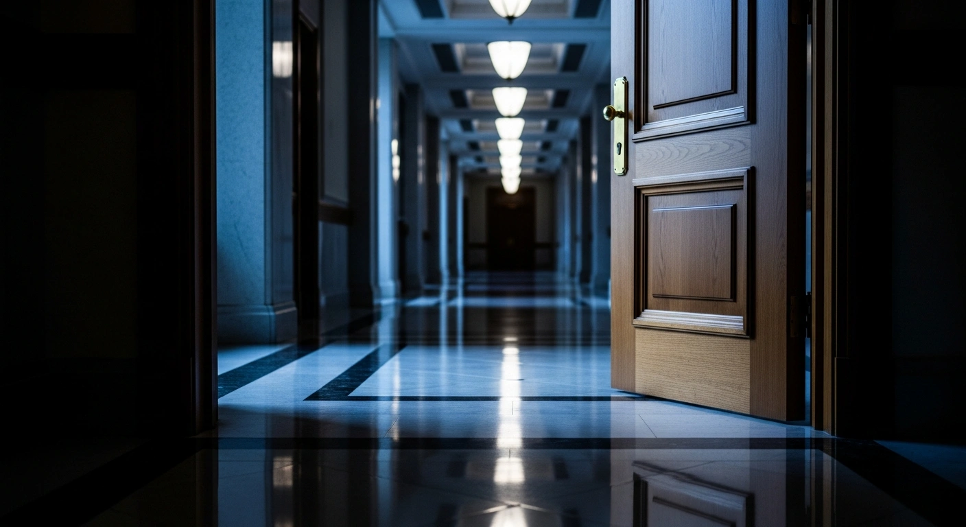 A dimly lit, empty diplomatic hallway represents the denial by Iranian state media of a ceasefire agreement between Iran and the United States.