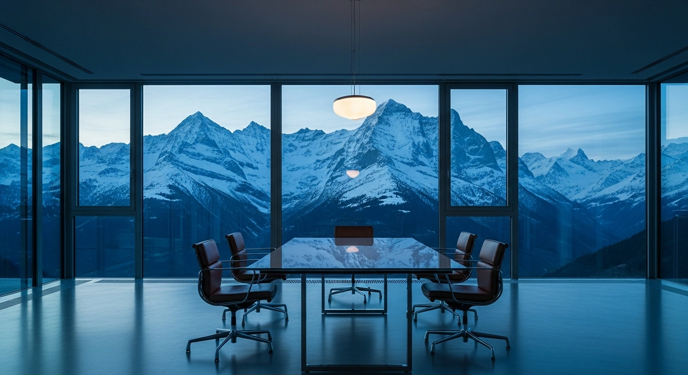 An empty conference room with a view of the Swiss Alps serves as the setting for upcoming diplomatic negotiations between Iran and the United States.
