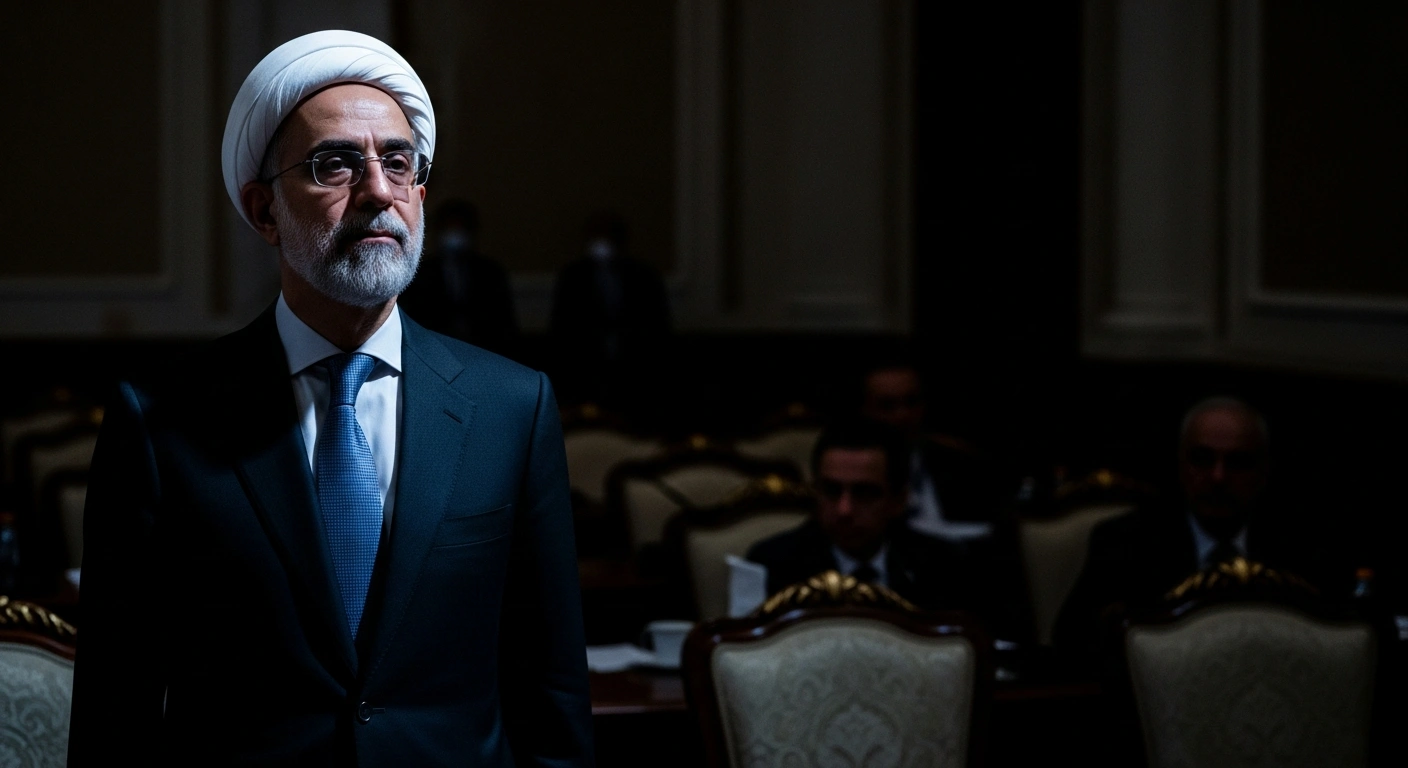 Iranian Foreign Minister Abbas Araghchi stands in a dimly lit conference room reflecting on the tense diplomatic negotiations with the United States.