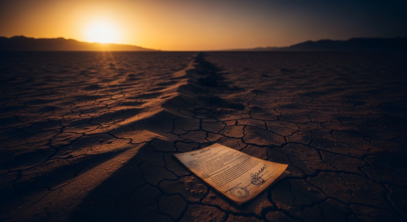 An abandoned document lies on the desert floor, symbolizing the suspension of diplomatic commitments between Iran and the United States amid rising regional tensions.