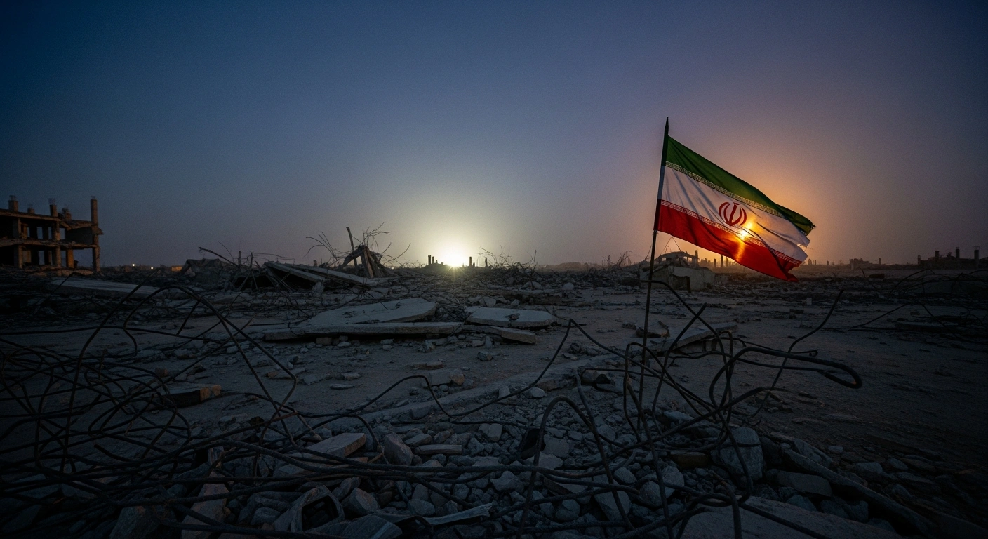 A wide, low-angle shot depicts a desolate, smoke-filled landscape littered with twisted metal and rubble under a bruised twilight sky, where a tattered flag stands as a somber symbol of the conflict and damage for which Iran's Foreign Minister Abbas Araghchi has accused the United States of directing Israeli attacks.