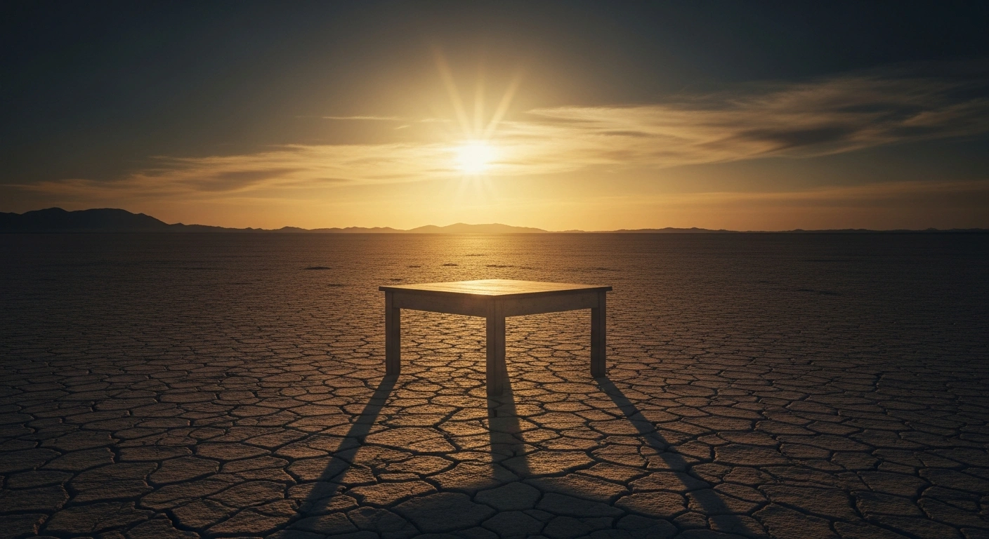 An empty wooden table sits in a desolate desert landscape, symbolizing the suspension of indirect negotiations between Iran and the United States amid rising regional tensions.
