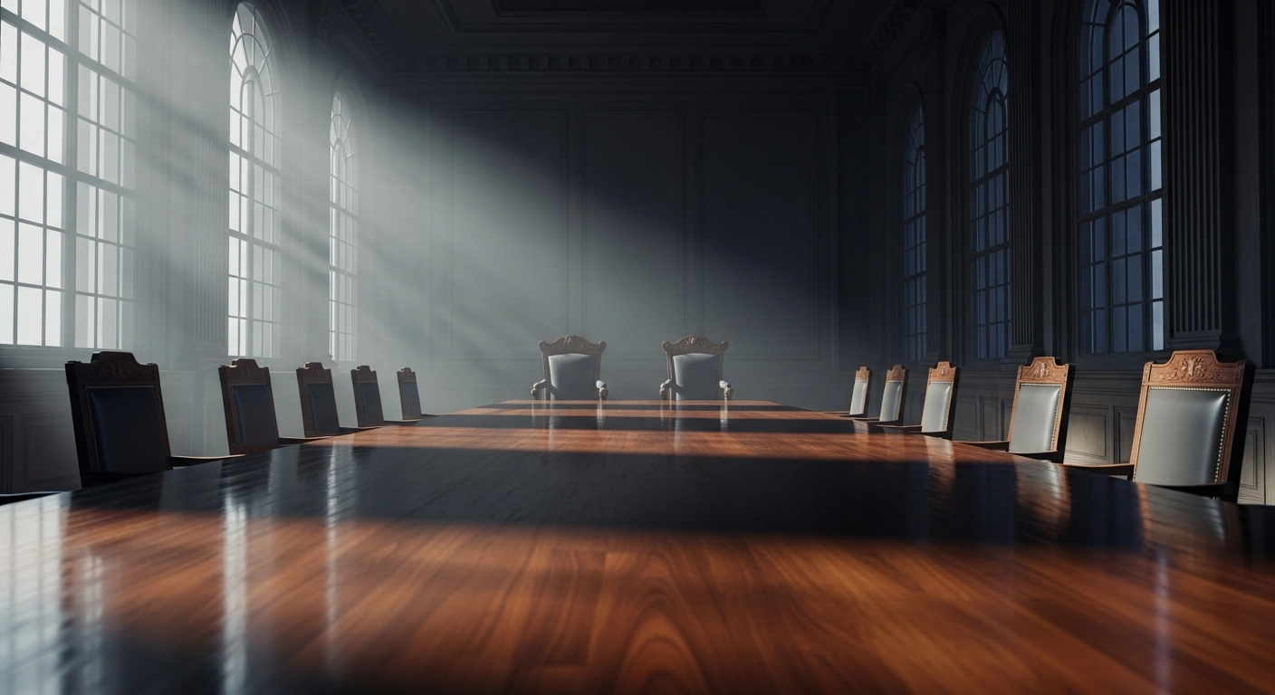 A wide, low-angle shot shows a vast, polished mahogany negotiation table with two empty chairs facing each other in a dimly lit room, symbolizing the stalled nuclear talks between Iran and the United States, which Iranian Foreign Minister Abbas Araghchi stated are not feasible.