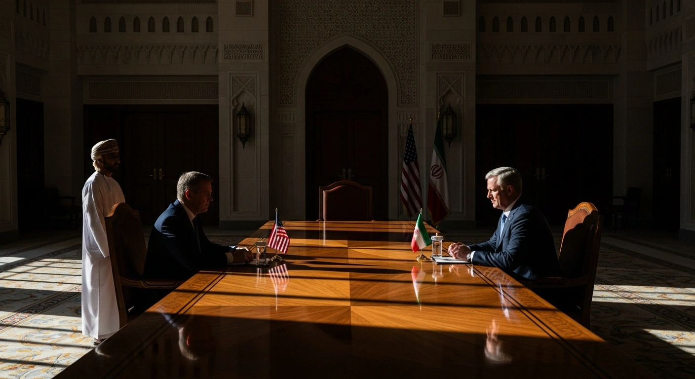 A wide shot depicts two dark-suited figures, representing the United States and Iran, seated at opposite ends of a long, polished wooden table in a dimly lit, grand room in Muscat, Oman, with a third figure in traditional Omani attire standing to the side, symbolizing indirect diplomatic nuclear talks.