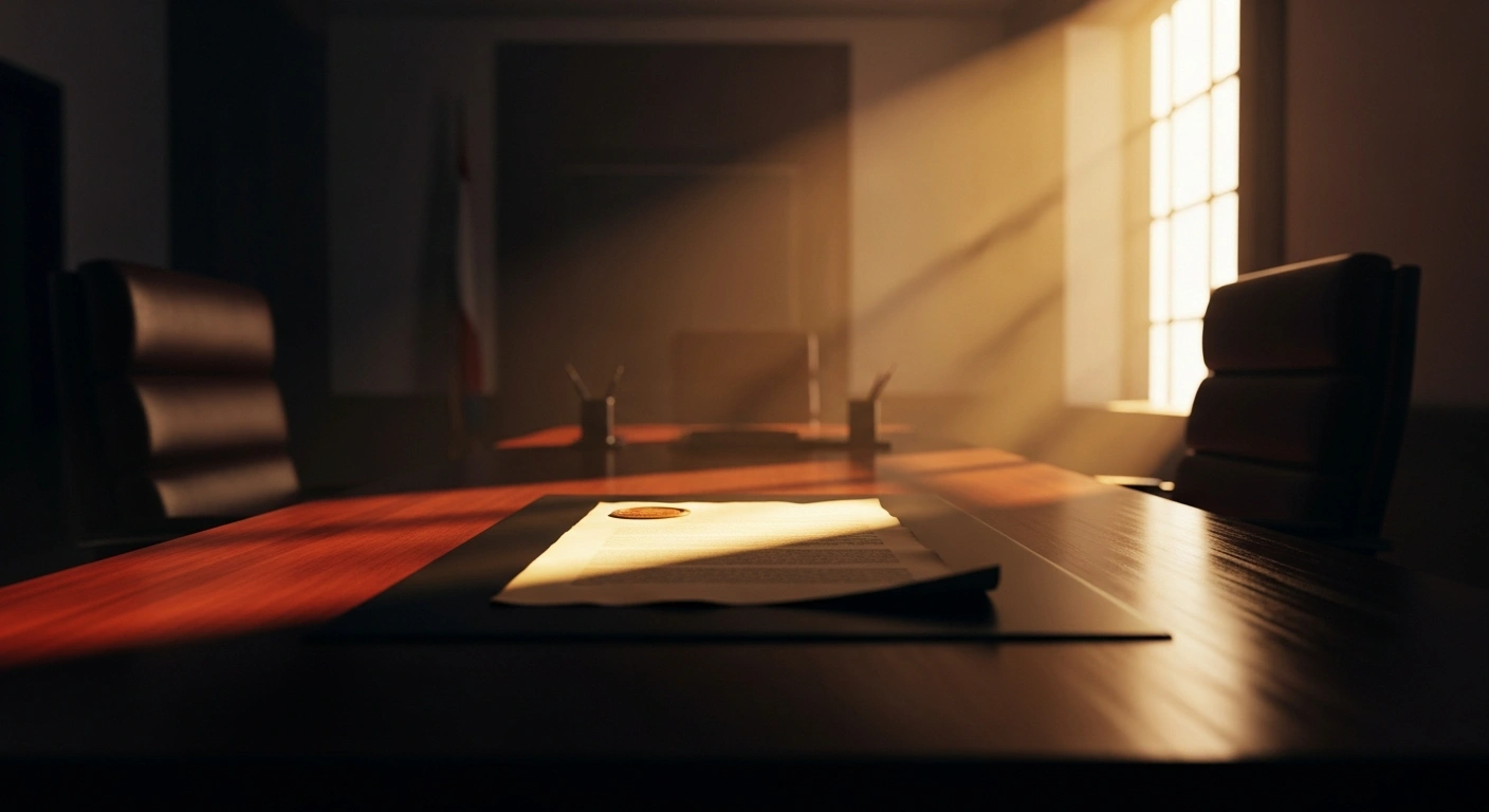 A sealed diplomatic document sits on a desk between two empty chairs, representing the new peace proposal submitted by Iranian officials to the United States.