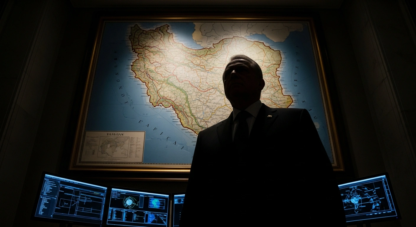 A stern, authoritative figure, partially obscured by shadow, stands before a large map of Iran, illuminated by harsh backlighting and strategic monitors, symbolizing Iran's Parliament Vice-Speaker announcing 'war conditions' and emergency command-and-control measures amidst economic turmoil, widespread protests, and external threats.