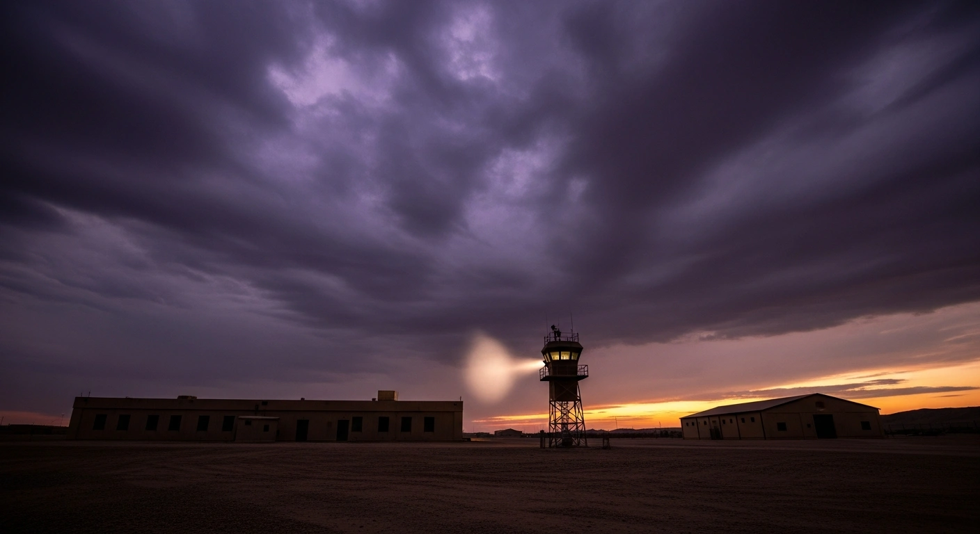 A wide, low-angle shot of a vast US military base in West Asia at dusk, silhouetted against a bruised, stormy sky, with a watchtower's searchlight cutting through the gloom, symbolizing Iran's warning to target US military bases if military action is initiated.