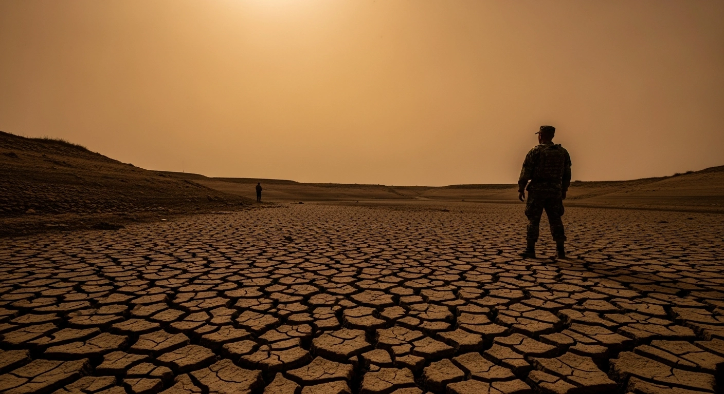 A wide, low-angle shot depicts a lone, silhouetted figure in military fatigues standing on a vast, cracked earth landscape, symbolizing Iran's critical water crisis and deepening economic collapse, under a dusty orange sky.