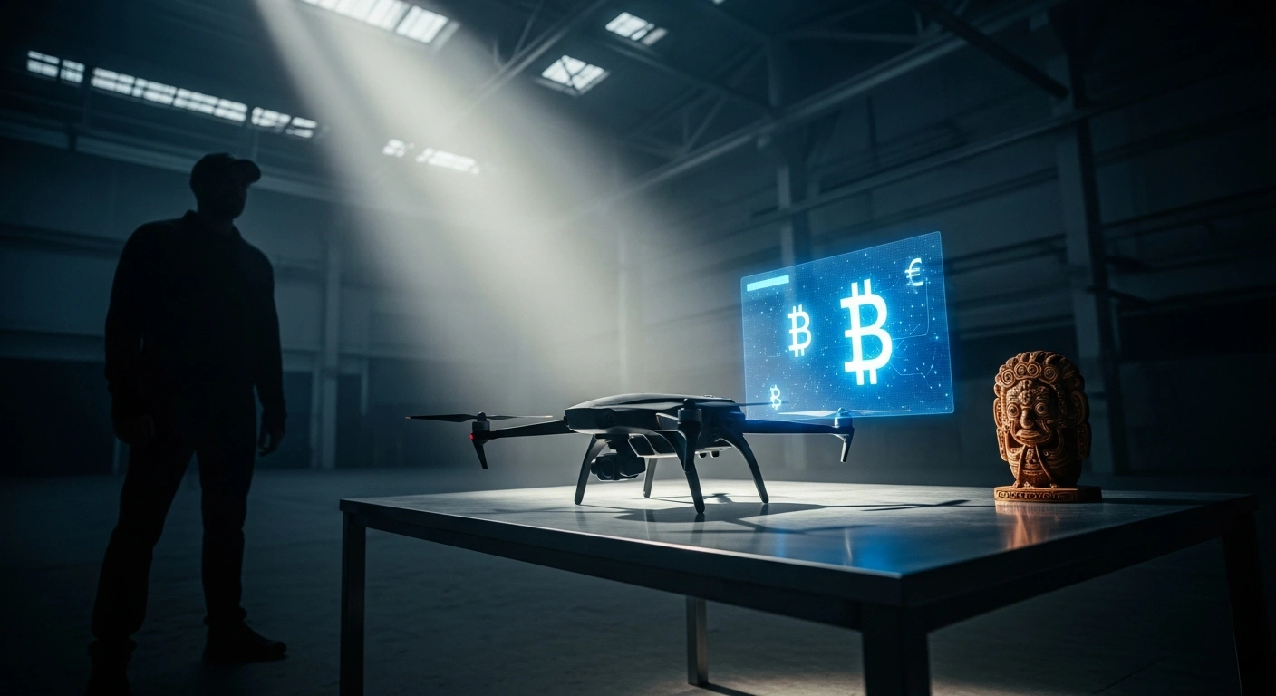 A dimly lit, low-angle shot captures a silhouetted figure standing before a table displaying a sleek drone model, a glowing holographic interface with cryptocurrency symbols, and a small, carved artifact, symbolizing Iran's Mindex agency offering advanced weapons systems to foreign governments via cryptocurrency, local currencies, or barter to bypass international sanctions.
