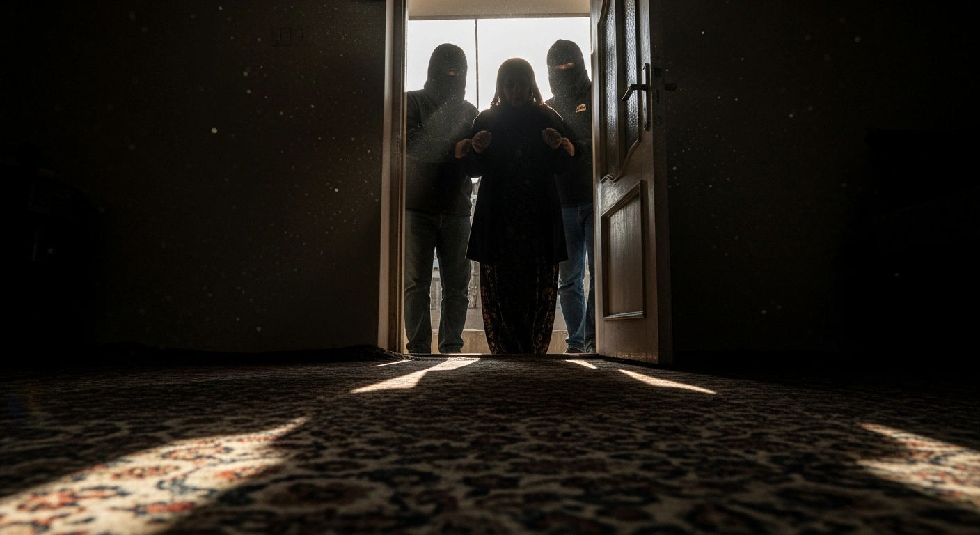 A 44-year-old Iranian activist, Maryam Abbassi Nikou, is being escorted from her dimly lit home by two shadowy figures, representing IRGC intelligence agents, after being re-arrested.