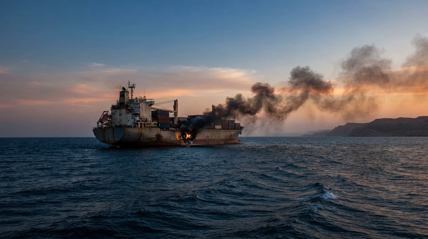 A damaged Iranian cargo ship sits in the Strait of Hormuz near Qeshm Island after being struck by a projectile.