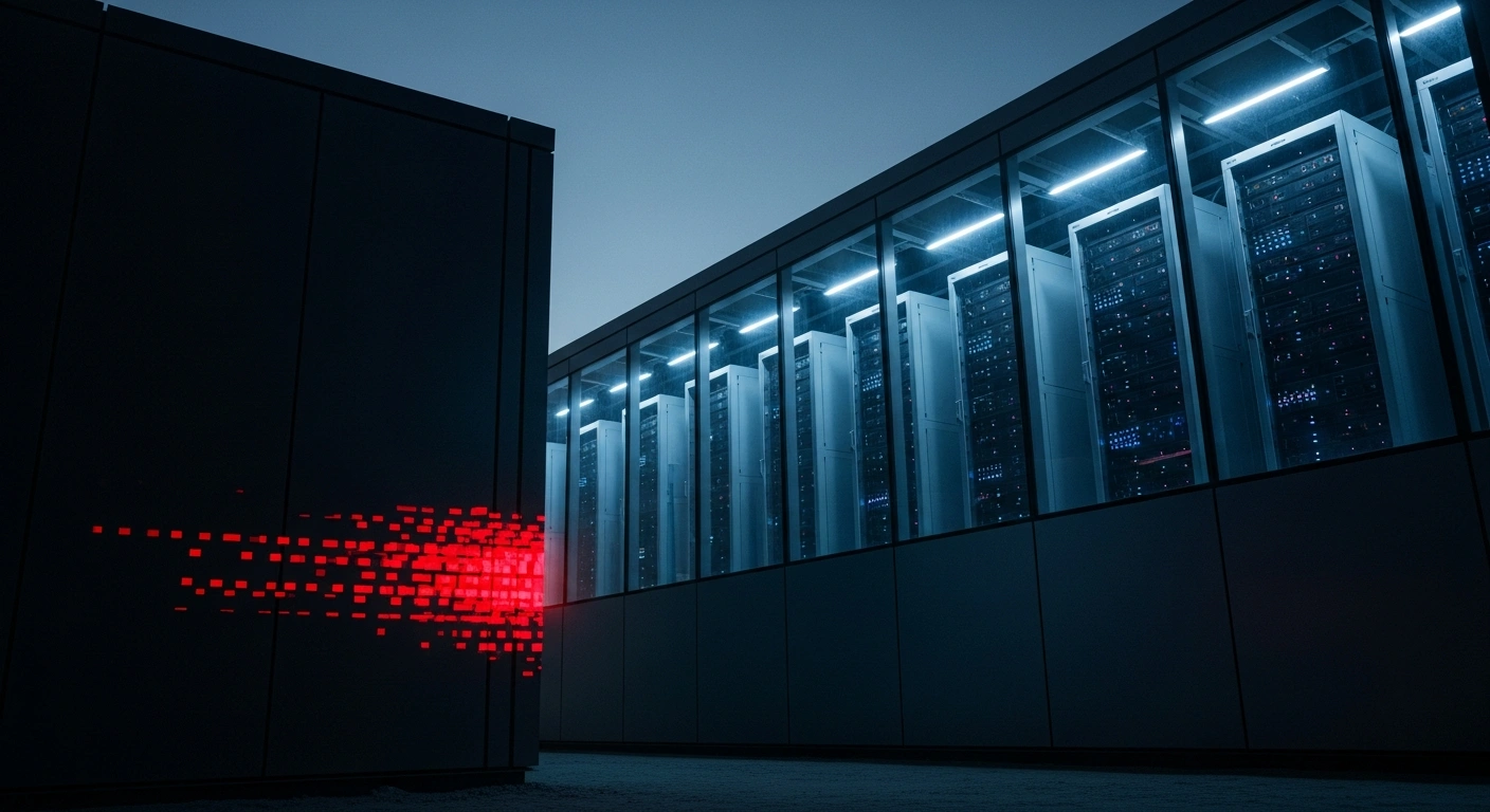A modern Amazon data center facility in Bahrain is depicted under a twilight sky, representing the reported cyberattack by the Iranian Revolutionary Guards.