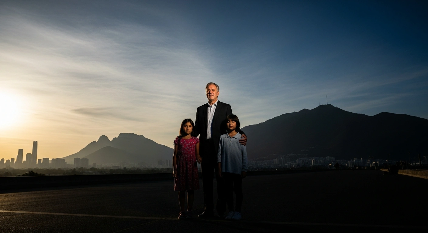 A family, led by a distinguished diplomat, stands silhouetted against a dramatic twilight sky, gazing towards a distant, glowing modern city skyline, while the dark, jagged silhouettes of ancient mountains loom behind them, illustrating an Iranian diplomat's asylum seeking in Switzerland amidst fears of political upheaval in Iran.