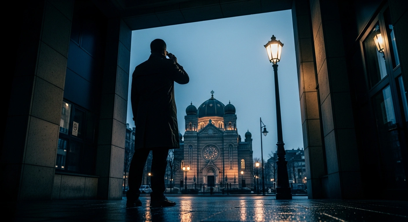 A shadowy figure conducts surveillance on a Jewish institution in Germany as part of an investigation into an Iranian intelligence agent.