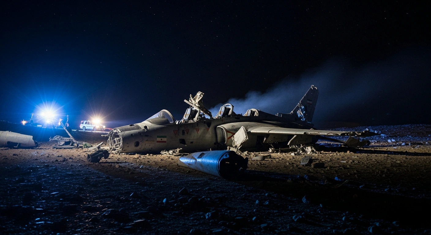 A mangled Iranian air force training jet lies crashed on desolate terrain at night, illuminated by emergency lights, following an incident in western Iran where one pilot died and another survived.