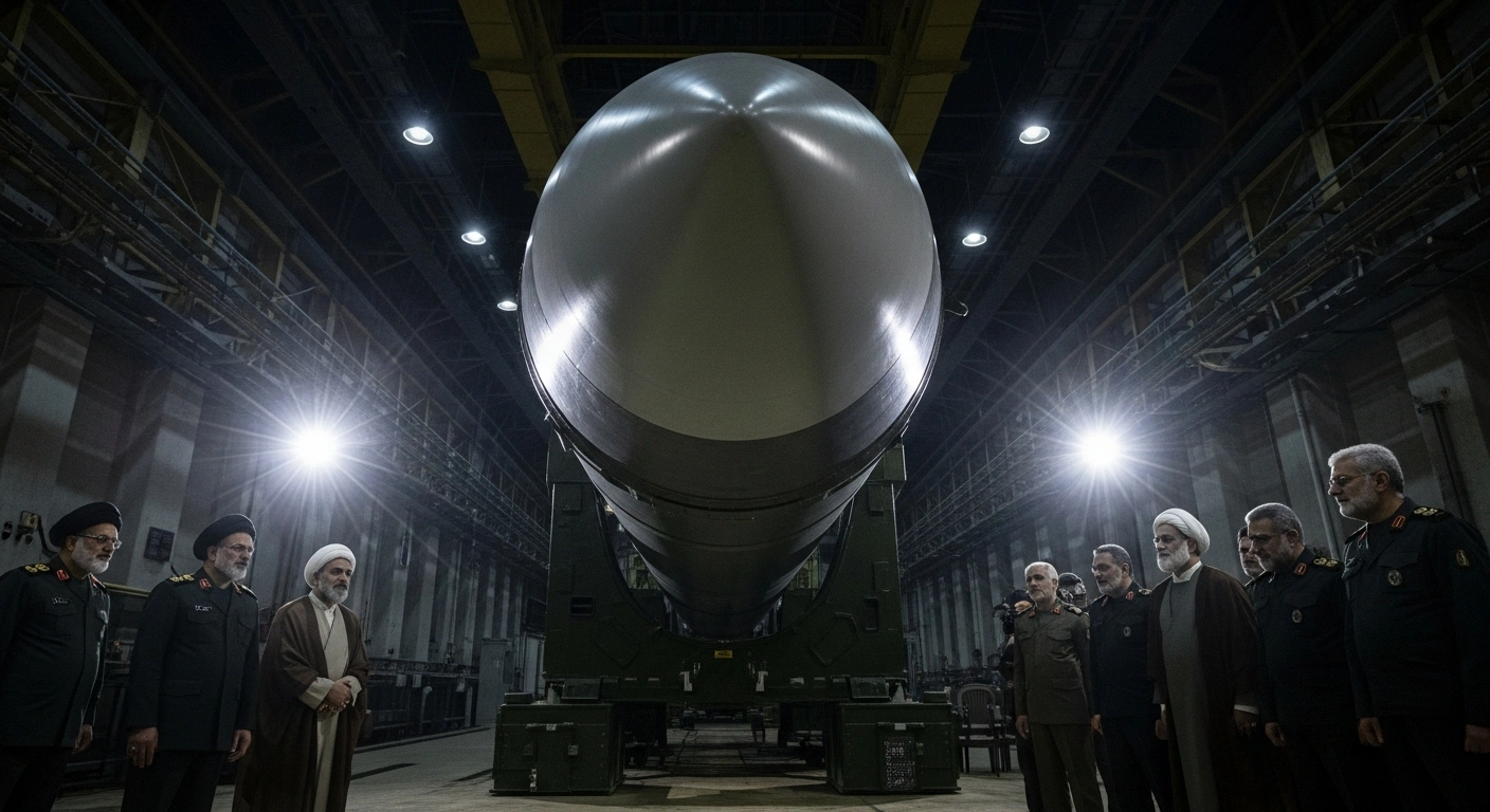 Iranian military leaders, including Major General Seyed Abdolrahim Mousavi, stand before a large Khorramshahr ballistic missile in a vast, dimly lit underground base, showcasing military readiness.