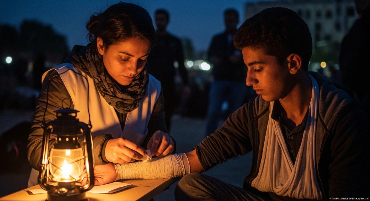 An Iranian medical professional, illuminated by a lantern, carefully bandages the arm of a young, injured protester in a dimly lit, clandestine setting, symbolizing the grassroots medical relief efforts amidst humanitarian emergencies and protest crackdowns.