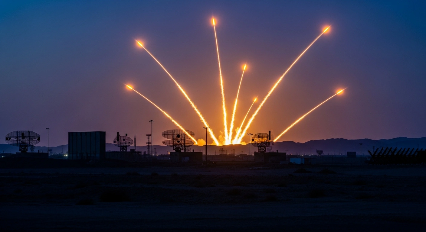 Multiple missiles and drones streak across a dark desert sky toward military installations in the Middle East during a period of heightened regional tensions.