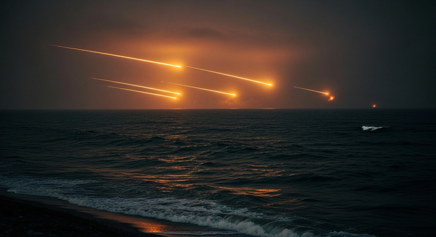 Missiles streak across the dark horizon over the Persian Gulf following reports of military tensions near the Strait of Hormuz.
