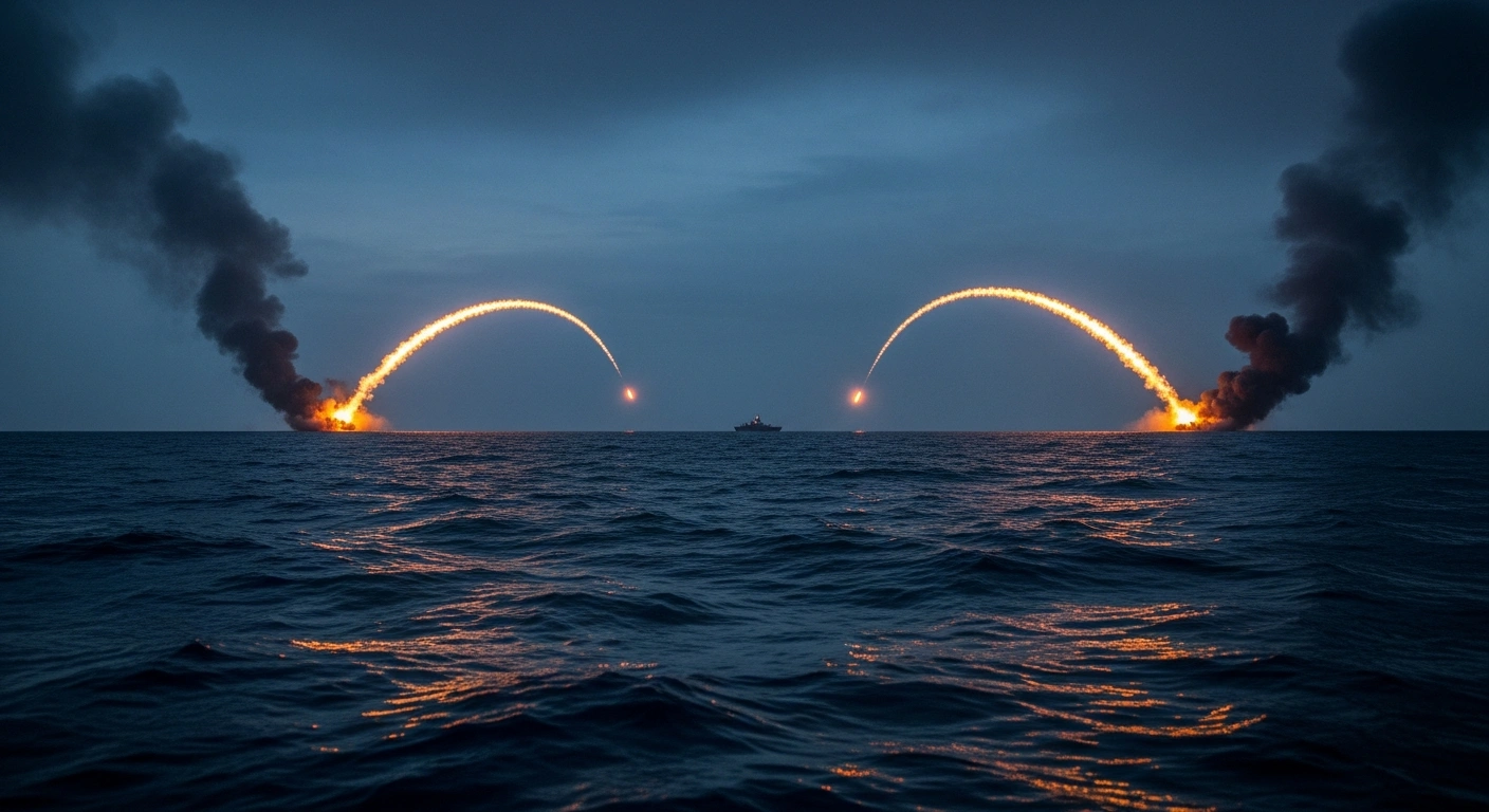 A dramatic view of the Persian Gulf at twilight showing streaks of light from alleged missile fire following military tensions near the Strait of Hormuz.