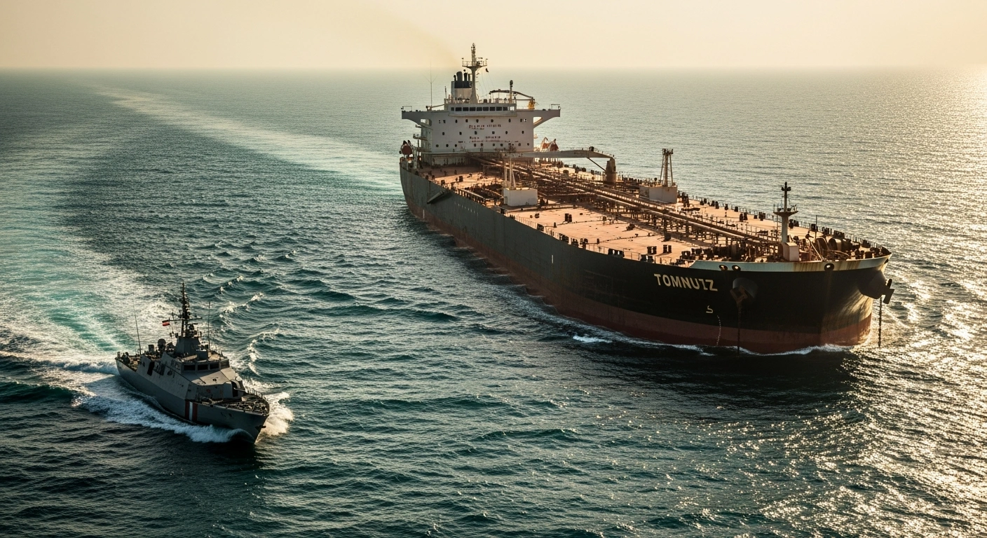 An Iranian naval patrol boat intercepts a large commercial oil tanker in the Strait of Hormuz during a tense maritime security incident.