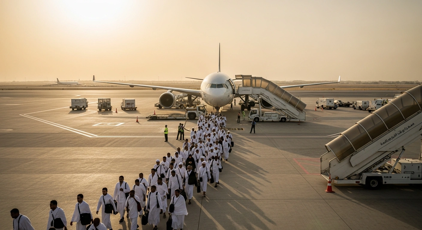 Iranian pilgrims prepare to board an airplane at a Saudi Arabian airport following the conclusion of the annual Hajj pilgrimage.