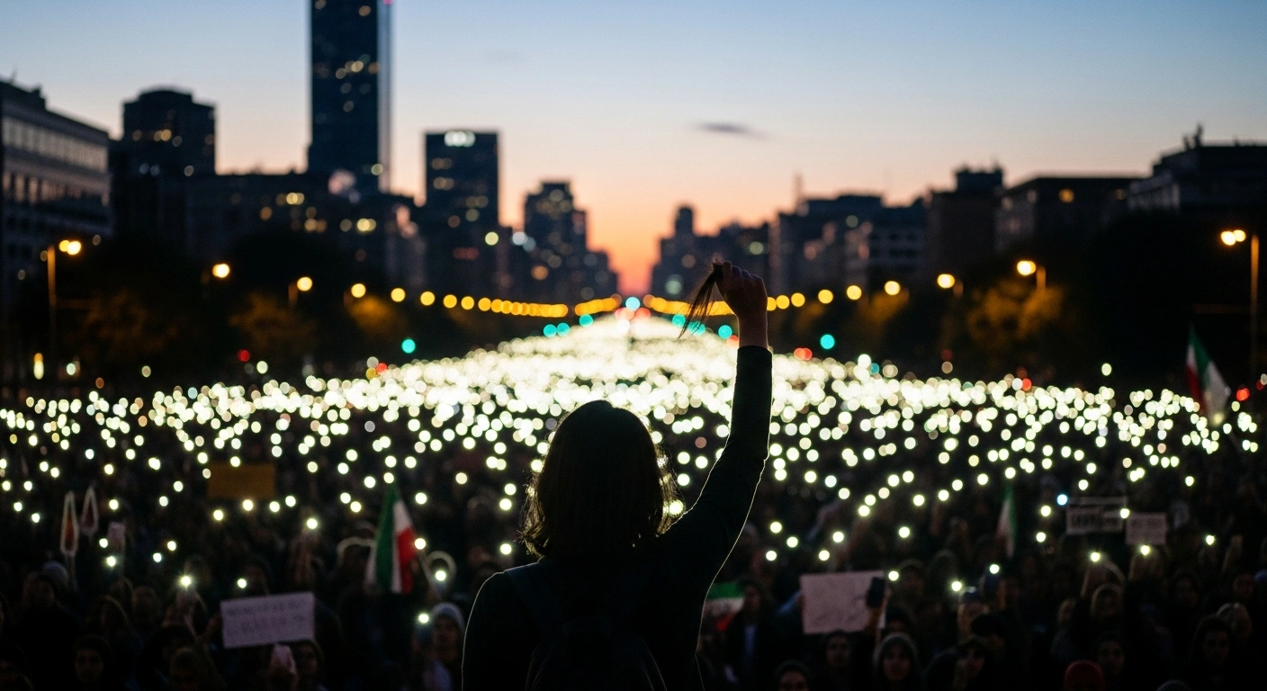 A vast crowd of protesters, illuminated by mobile phone screens and city lights at night, gathers in a major global city, with a woman in the foreground raising her arm in defiance, symbolizing the ongoing worldwide demonstrations against the Iranian regime for human rights and women's rights, sparked by the death of Mahsa Amini.