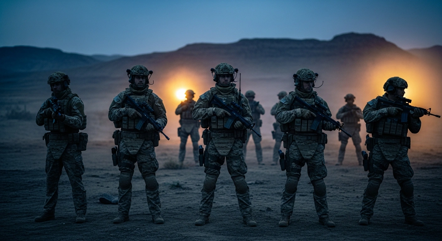 Iranian security forces stand in a defensive formation in a desert landscape to represent the thwarting of a ground attack.