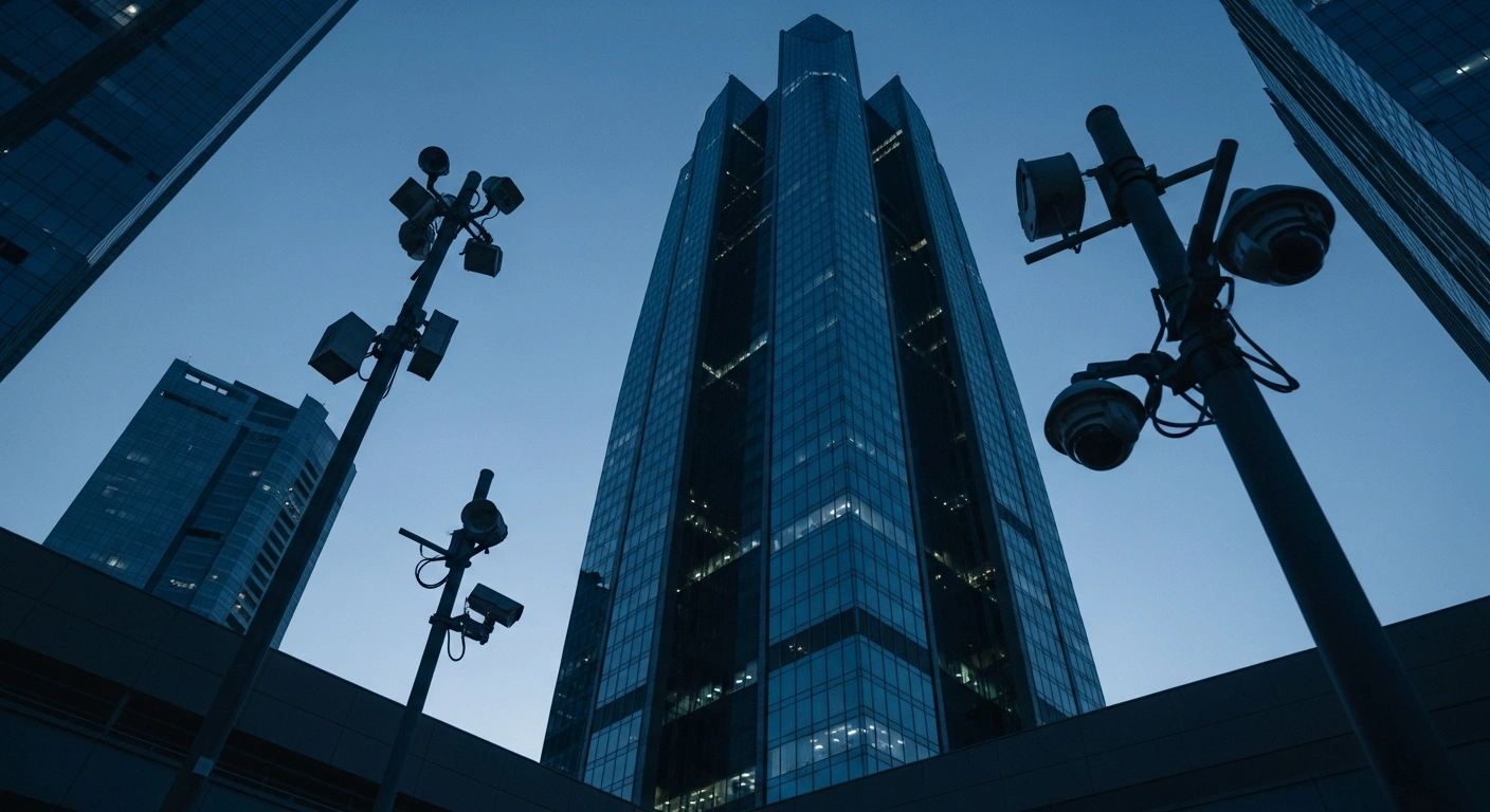 A modern financial skyscraper in the Middle East stands under a dark sky, representing the heightened security concerns for banking institutions amid rising regional tensions.