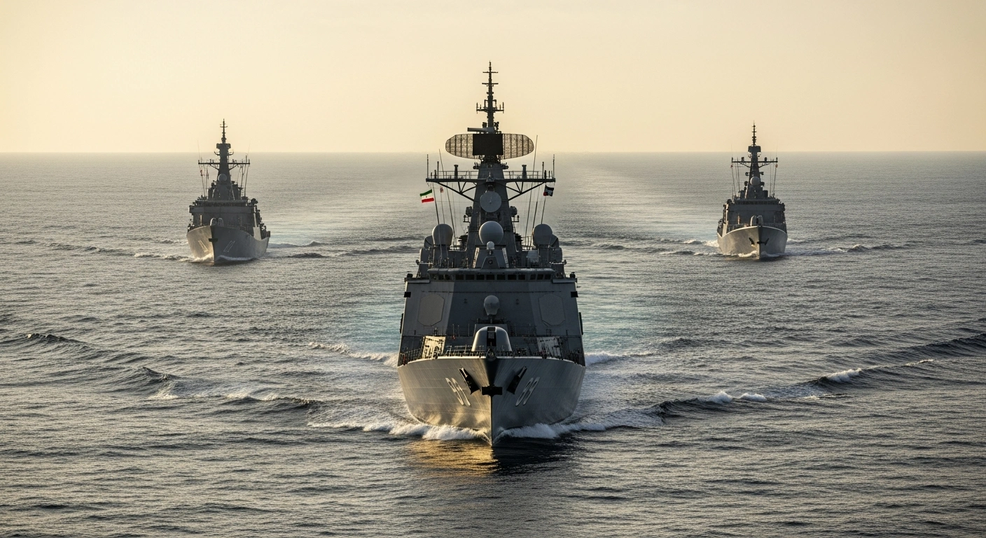 Three naval vessels, including an Iranian destroyer, sail in formation on a steel-grey ocean at dawn, symbolizing an upcoming trilateral naval exercise aimed at expanding regional and international cooperation.