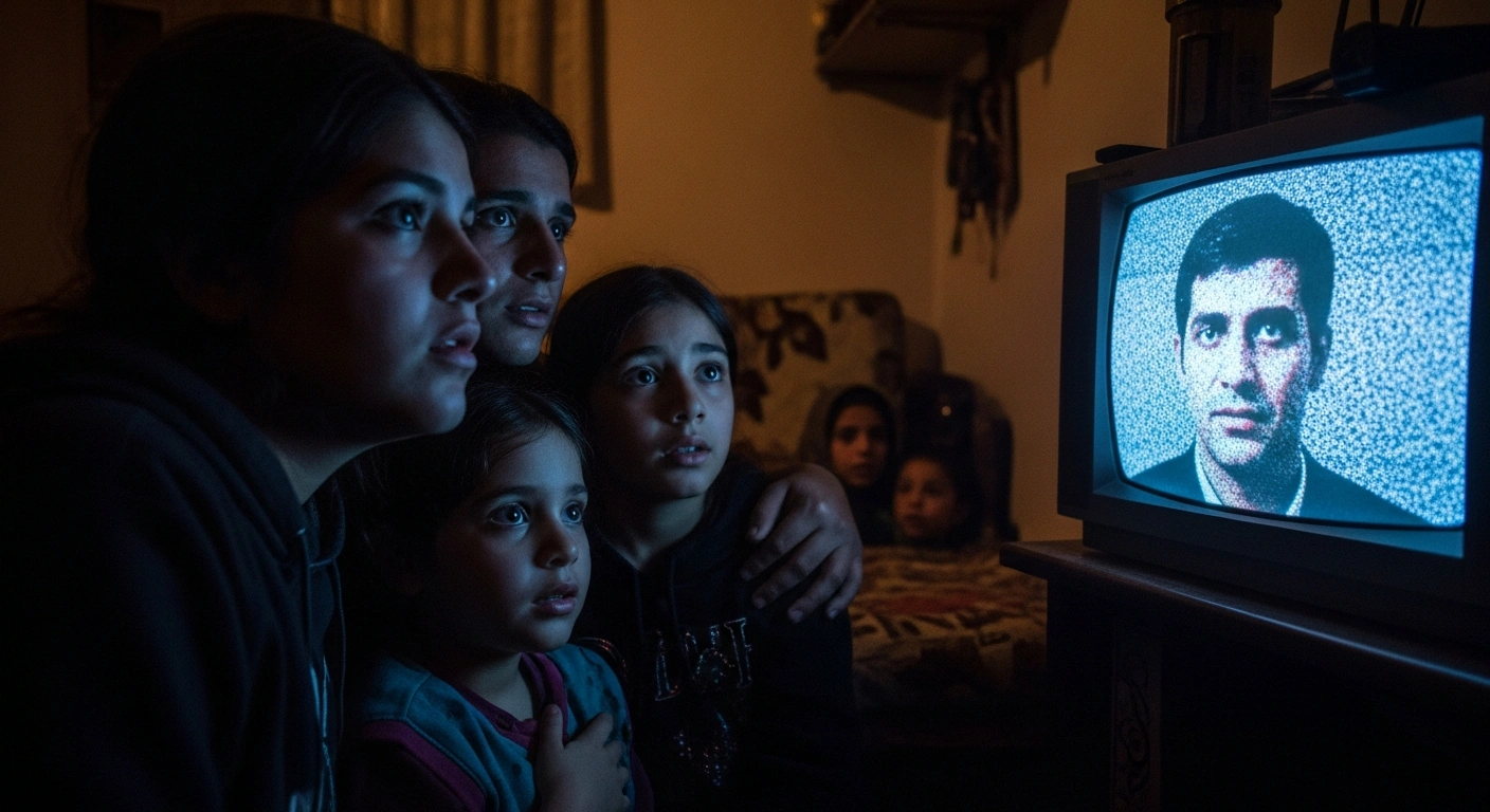 A family in a dimly lit Iranian living room watches as hackers interrupt state television, displaying the image of exiled Crown Prince Reza Pahlavi on the screen amidst nationwide unrest.