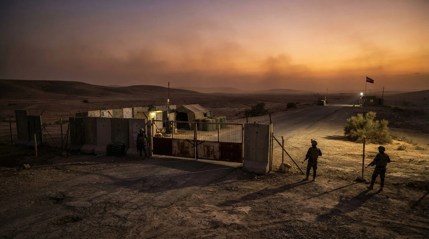 Iraqi security forces stand guard at a closed border crossing with Iran following regional security tensions.