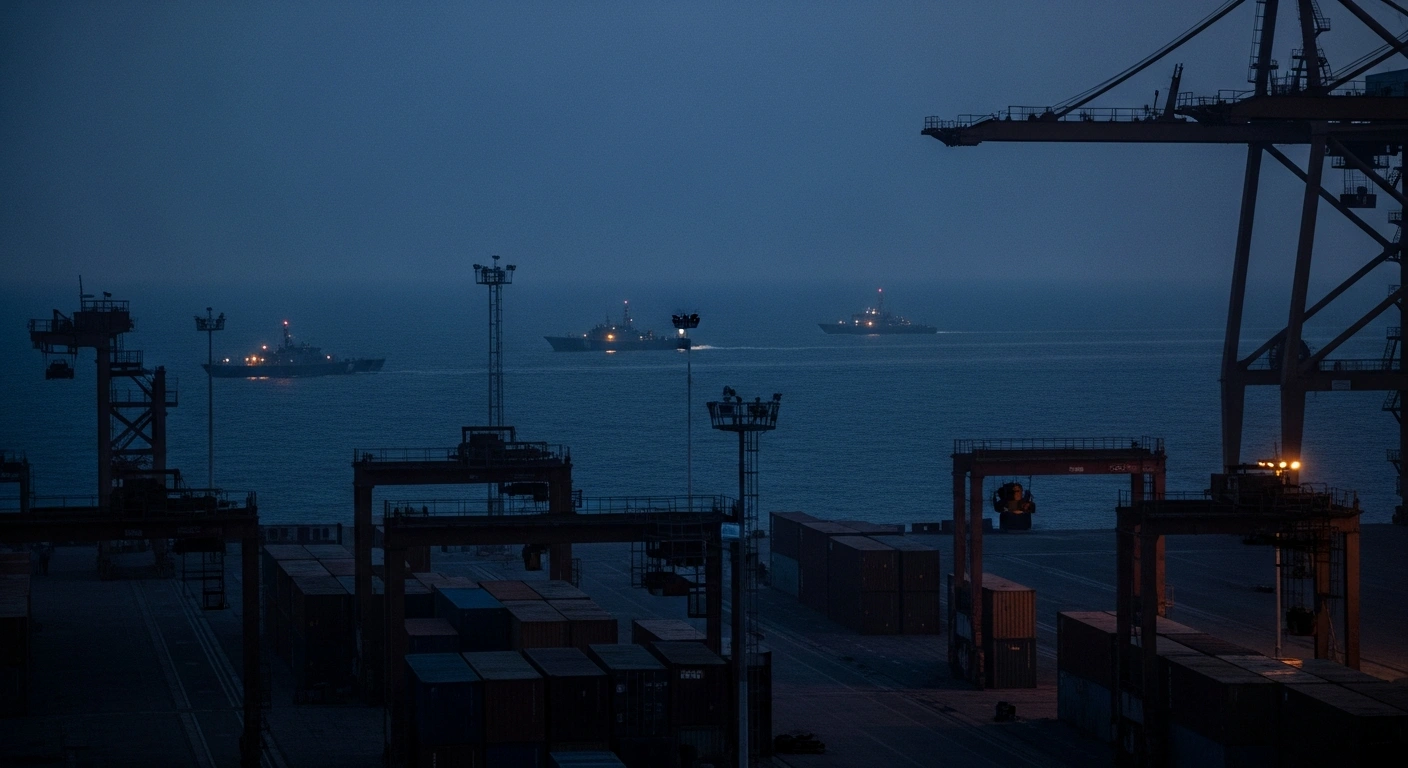 A dark, industrial port facility in Iraq is shown at twilight with silhouettes of naval vessels patrolling the nearby waters.