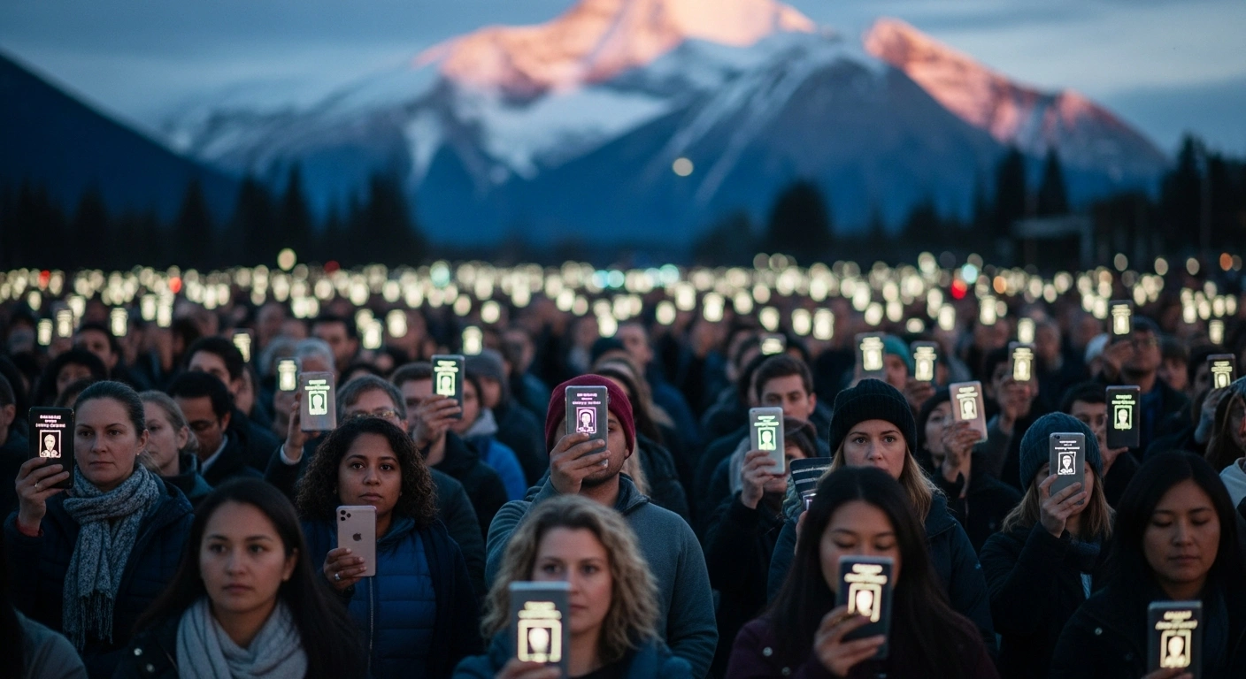 A diverse group of individuals stands under a dawn sky with a Canadian mountain range in the background, each holding a glowing digital invitation, symbolizing the Immigration, Refugees and Citizenship Canada (IRCC) Express Entry draw that issued 8,500 Invitations to Apply for permanent residency to candidates with French language proficiency on February 6, 2026.