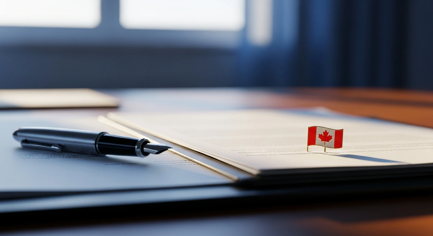 A close-up view of official immigration documents and a fountain pen on a desk representing the IRCC permanent residence application process.