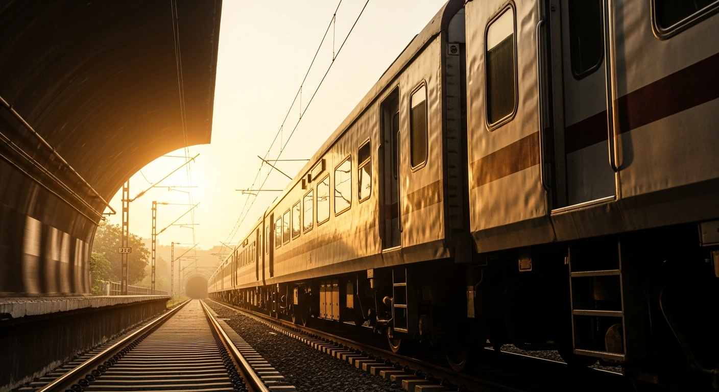 A sleek, modern Indian train, symbolizing the strong financial performance of Indian Railway Catering and Tourism Corporation (IRCTC), speeds through a sun-drenched landscape with an ascending horizon, representing its 15.51% net profit increase, 18% revenue growth, and declared interim dividend.