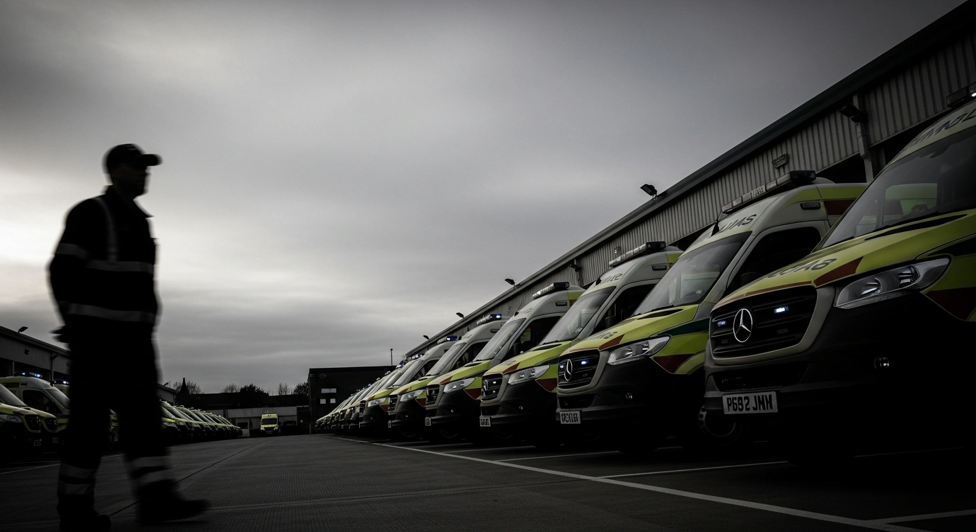 A fleet of National Ambulance Service vehicles remains parked during a 24-hour industrial action strike by SIPTU and Unite members in Ireland.