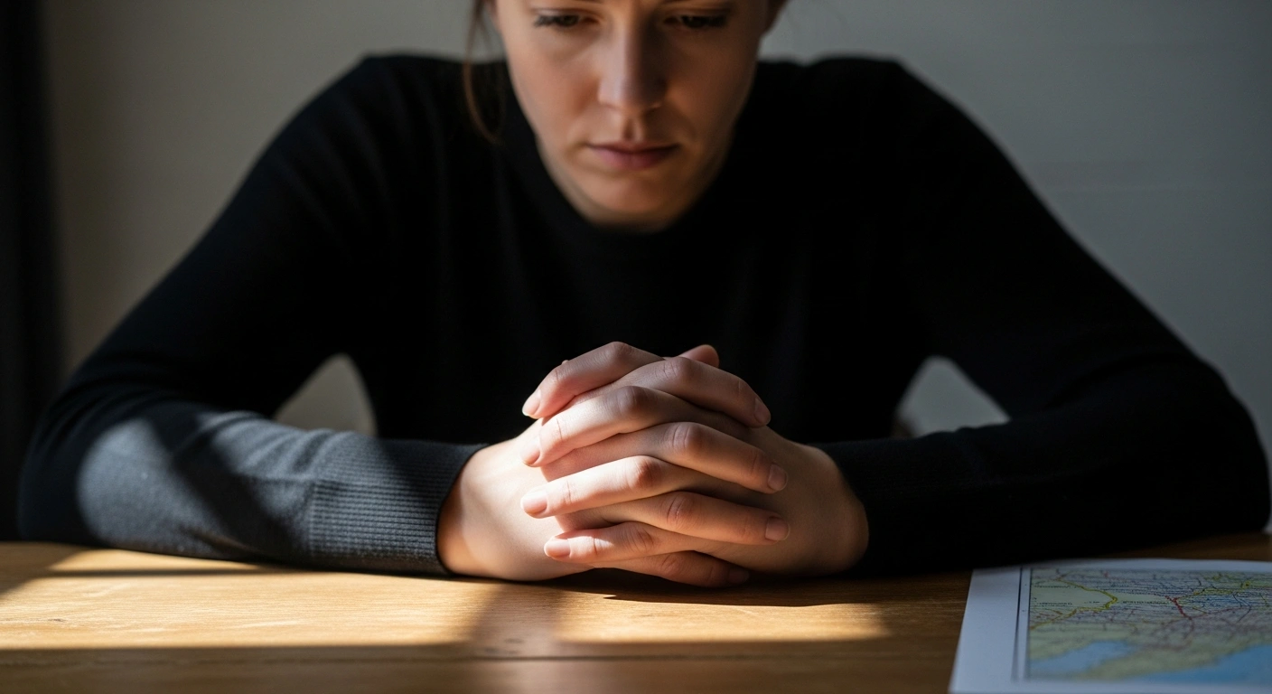 A somber close-up of a woman's clasped hands resting on a wooden table, with official-looking papers blurred in the background, symbolizing the personal impact of Ireland's Minister for Justice Jim O'Callaghan's plan to revise citizenship law for Ukrainian refugees.